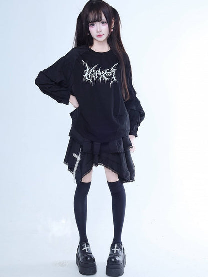 Long-Sleeve Paneled Design Printed T-Shirt Jirai Black Kei