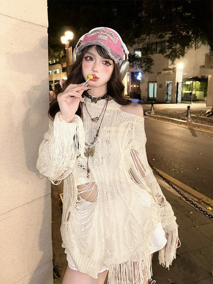 Asymmetrical Distressed Beige Knit Top with Hollow-Out Detail