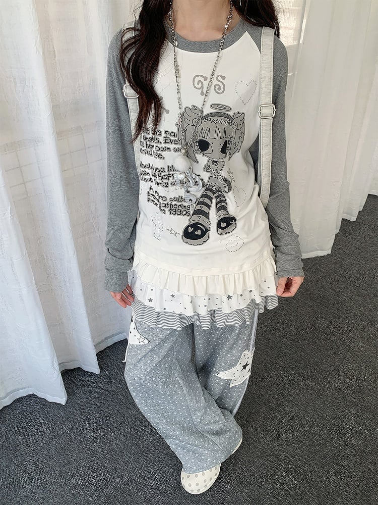 White Raglan Sleeve Cartoon with Top Hem Print Girl Flounce