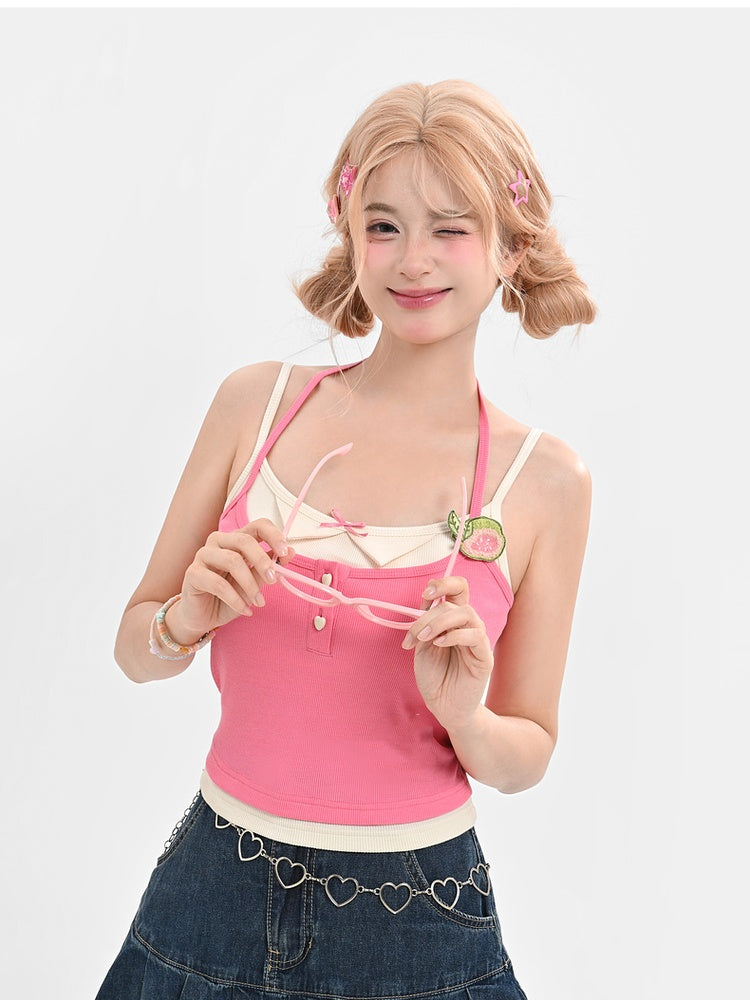 ピンクのグアバアップリケ付きセルフタイホルターネックトップフェイクツーピース