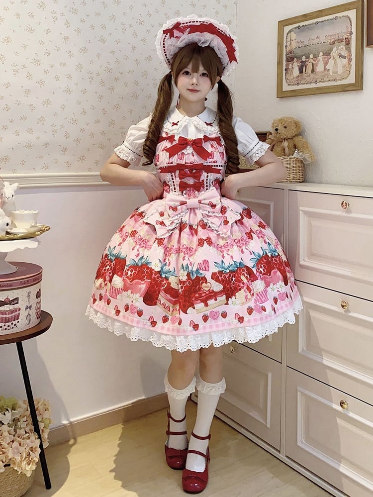 Drucken Erdbeerkleid Pink Dessert und Lolita Sweet