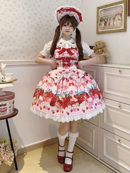 Drucken Erdbeerkleid Pink Dessert und Lolita Sweet