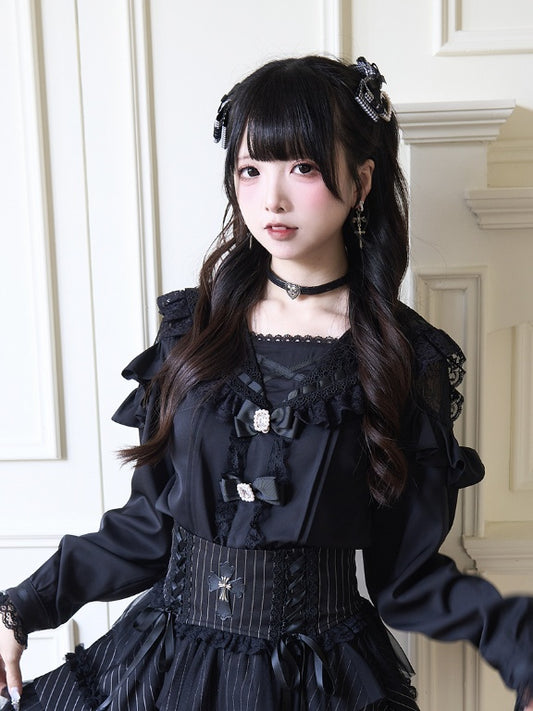 Black Rhinestones Bowknots Blouse Jirai Kei Sailor Collar Ruffled Lace Trim