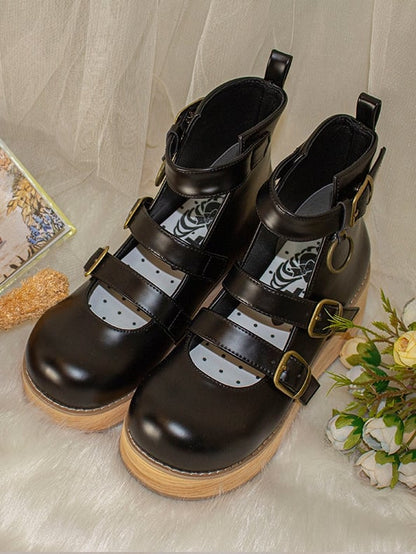 Plateau-Spitze mit Keilschnalle 3-5 cm Sohle rund schwarz 3 Riemen