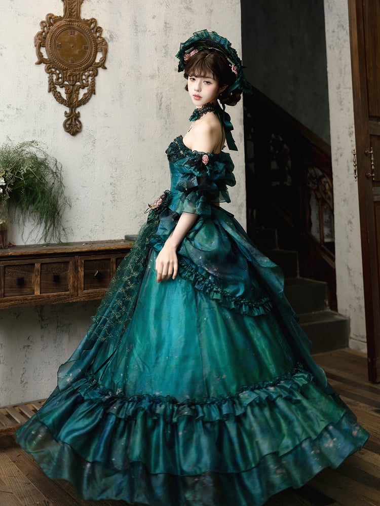 Grüner Waldfee-Lolita-Rock mit asymmetrischem Ölgemälde-Design und floraler Haarspange