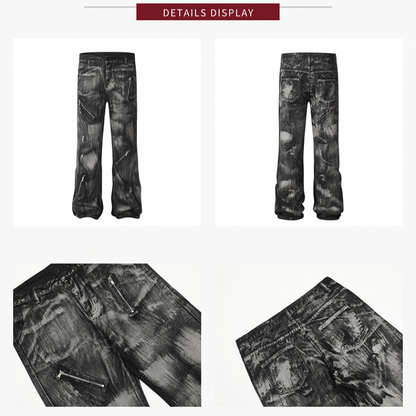 Vintage Punk Graffiti Black Low-Rise Jeans with Asymmetrical Zipper Design