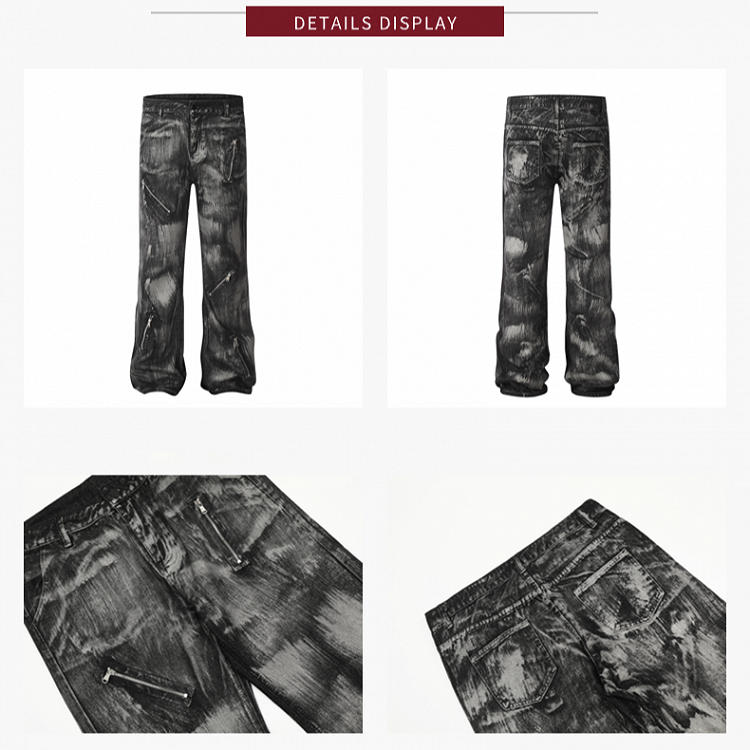 Graffiti Design Jeans Punk Black Asymmetrical Vintage Low-Rise with Zipper