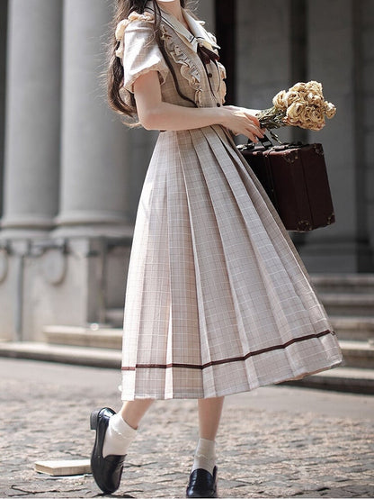 Plaid Elegant Puff Tie Coffee Light Sleeves Dress with Skirt Pleated