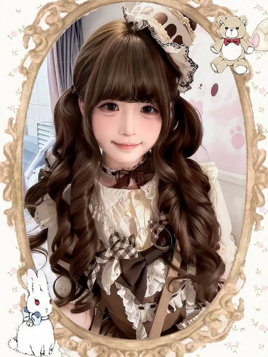 Bubble Tea Kawaii 60cm Wavy Double Tail Wig with Curly Fringe - Meow Island Wig