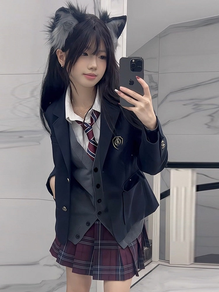 Style Cuffs Decorated Design Preppy JK Uniform Badge Button Dark Blazer Blue