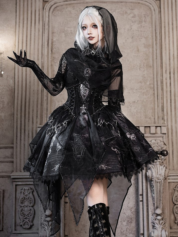 Black & Gray Bone Dragon Embroidery Halter Neck Gothic Lolita Dress Set - Ying Luo Fu