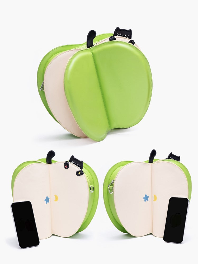 Moon  Star Core Backpack And 2-Way With Kawaii Green Flip Apple Cat Embroidery Creative