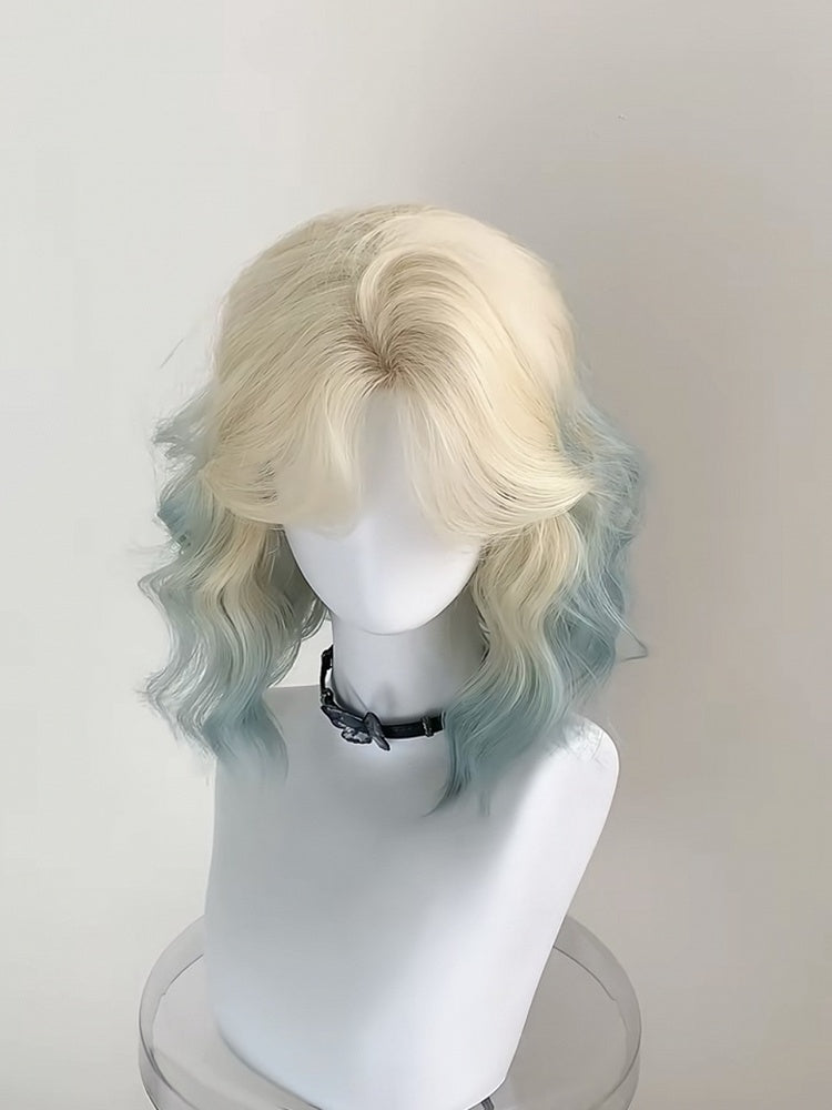 Ombre Bangs Short with 45CM Curtain Wavy Platinum Green Blonde Wig