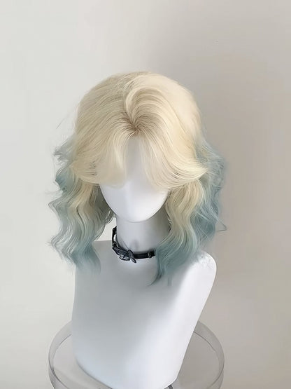 Ombre Bangs Short with 45CM Curtain Wavy Platinum Green Blonde Wig