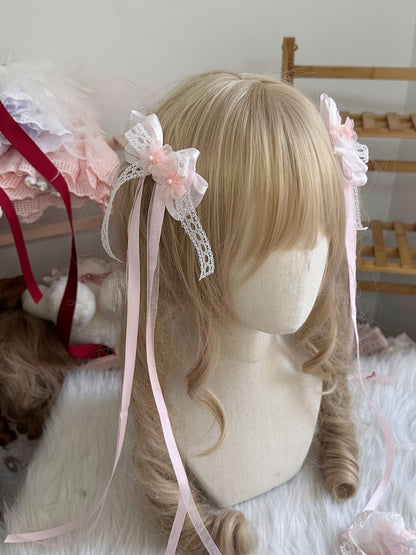 Lolita Bow Blossom Long Cherry Ribbon Hairclip Pink Decorations
