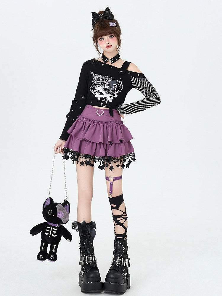 Asymmetrical Devil Print Long-Sleeve Top in Black - CRAZY GIRL