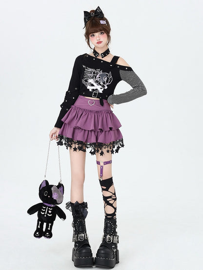 Asymmetrical Devil Print Long-Sleeve Top in Black - CRAZY GIRL