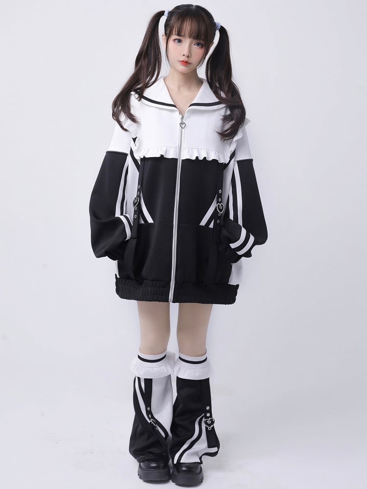 Sailor Zip WeißSchwarz Kragen Jacke Jirai Sweatshrit Verschluss Kei