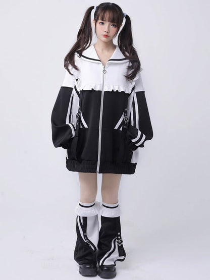Sailor Zip WeißSchwarz Kragen Jacke Jirai Sweatshrit Verschluss Kei