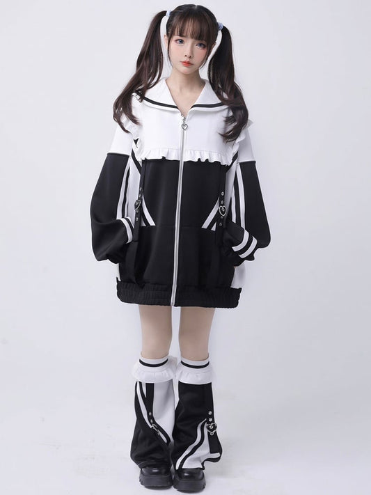 Sailor Zip WeißSchwarz Kragen Jacke Jirai Sweatshrit Verschluss Kei