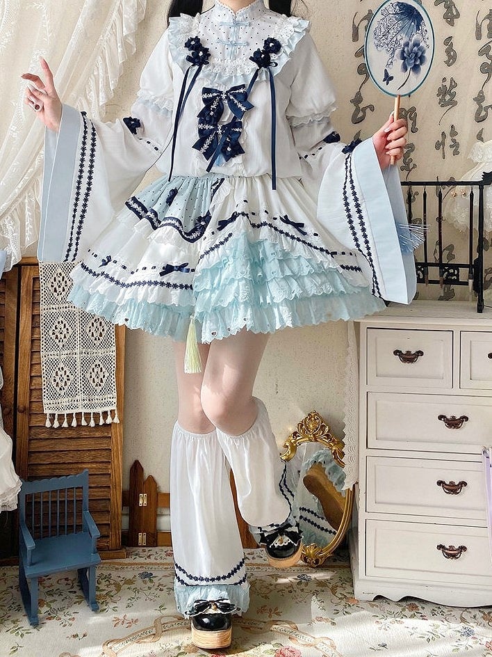 and White Banded Lolita Han Accents Blue Flower Collar Bow Dress with Puff Sleeves
