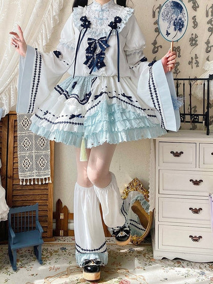 and White Banded Lolita Han Accents Blue Flower Collar Bow Dress with Puff Sleeves