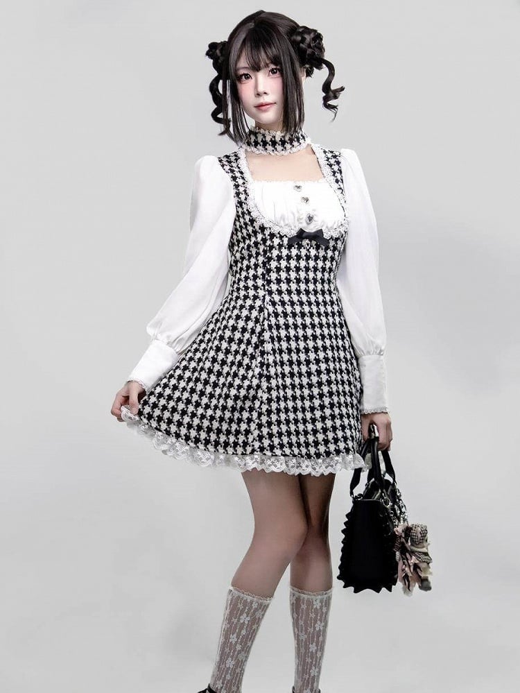 Kei Design Long One-Piece with White Details Black Dress Choker Houndstooth Jirai Lace Sleeve