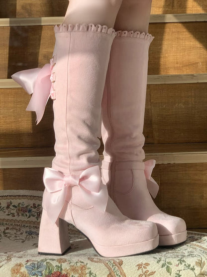 Boots 9cm Knee-high Elegant Zip Lace-up Lolita Closure Inner Ornamental Pink - Heeled Back