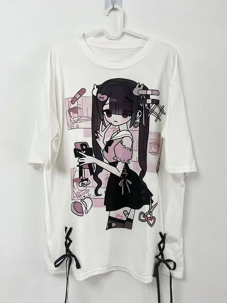 ジライケイ レースアッププリントTシャツ 漫画 ホワイト 詳細