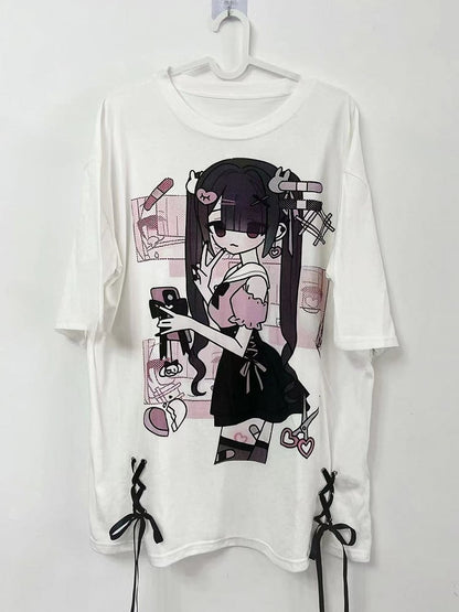 ジライケイ レースアッププリントTシャツ 漫画 ホワイト 詳細