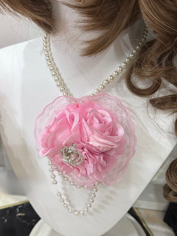 Crown Beaded Pink Floral Decorated Necklace Pendant Rhinestone