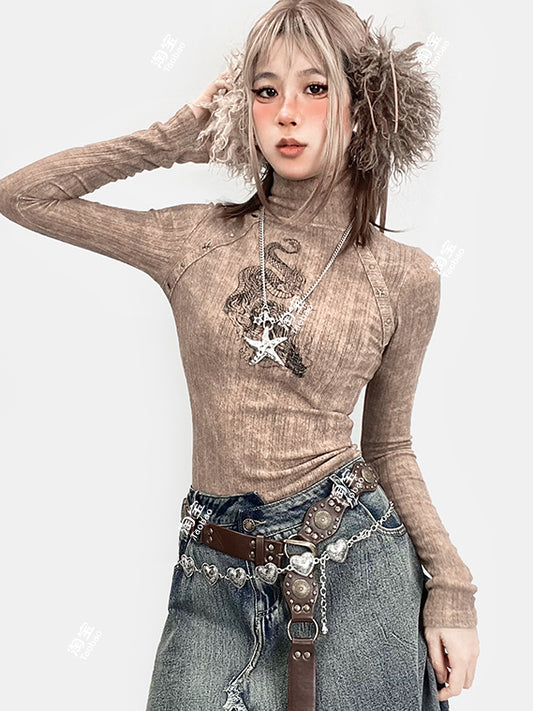 Khakifarbenes, hochgeschlossenes Oberteil mit Drachen-Print