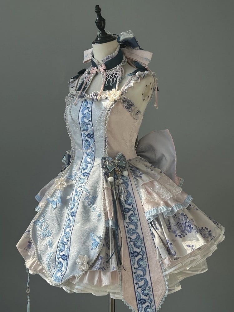 Porcelain Theme Qi Lolita Short Skirt Dress Set with Floral Print - Your Highness