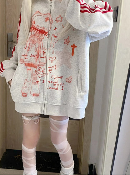 Cartoon Jacket with Striped Graphics Red Regular/Thicken White