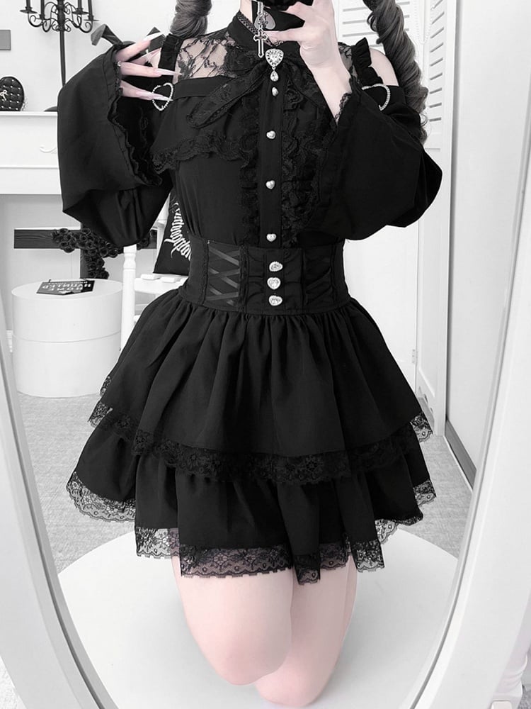 Open Jirai Kei Bell Shoulders Black Set: with Top Three-Piece Sleeves All