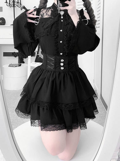 Open Jirai Kei Bell Shoulders Black Set: with Top Three-Piece Sleeves All