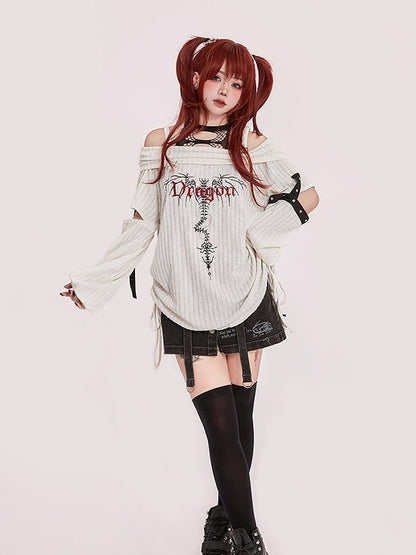 White Knit Letter Embroidery Off-Shoulder Top with Cutout - Tan Tuan