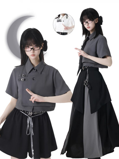 チャイナドレススタイルの半袖クロップドシャツ、レザーバックル、ホワイト/グレーのネクタイ付き