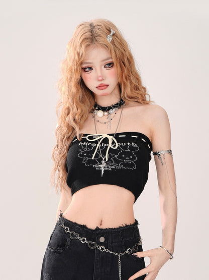 with Gyaru Print Bow Bunny Cute Tube Front Black Top: Tie Crop
