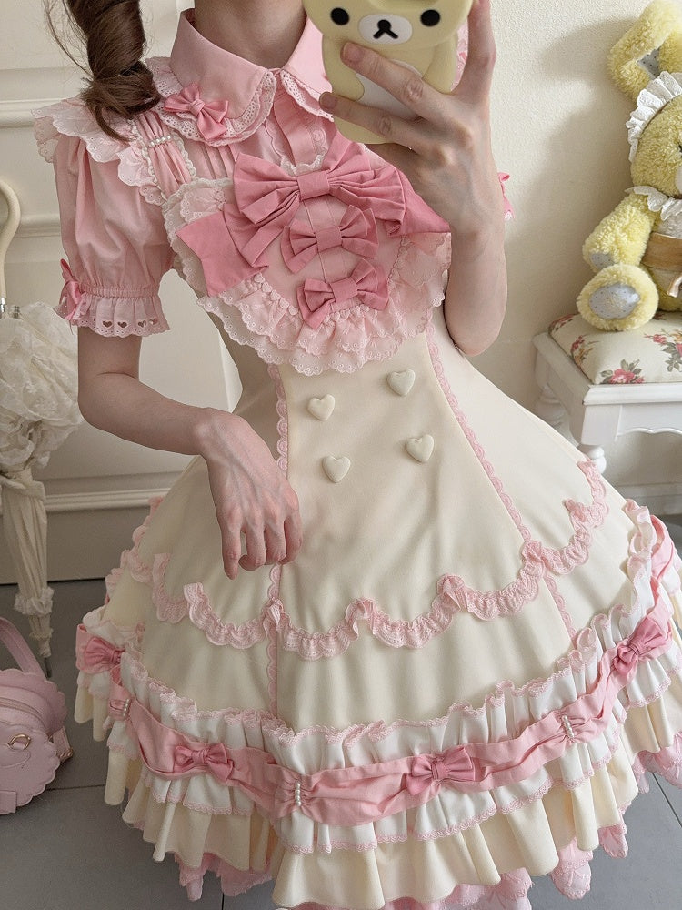 Pink Yellow Sweet Hemline Bows Ruffle Decorated Old Layered and