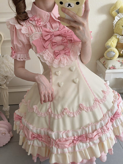 Pink Yellow Sweet Hemline Bows Ruffle Decorated Old Layered and