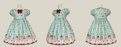 ミントグリーンのハイウエストチェリー＆デザートプリントのスイートロリータギンガムドレス
