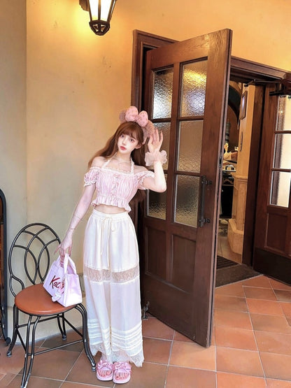 Rosa gestreifte Puffspitze mit Schleifenakzenten und Neckholder-Ärmeln