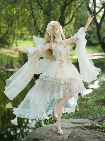 Lolita Fairycore Kleid JSK Beige Volles Design Prinzessin und Set Schmetterling Blumen