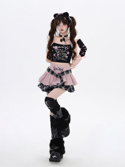 Y2K Garter Tiered Skirt with Cross Belt and Lined Gray Plaid Buckle Pink Design