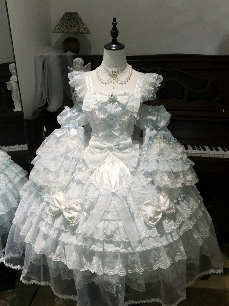 Sleeves Light Flutter Dress with Layered Blue Lace Lolita Princess