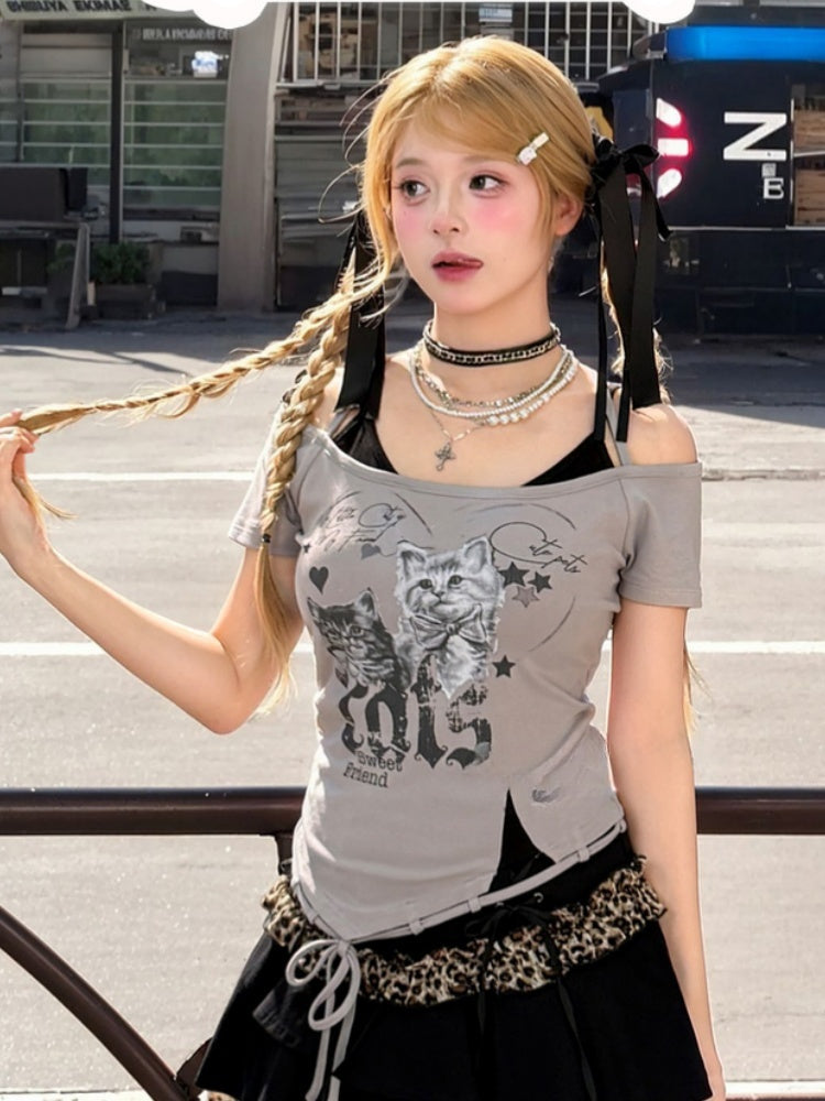 Two-pieces Hem Y2K Grey Cutout Shoulder Cat Print Drawstring T-Shirt Faux