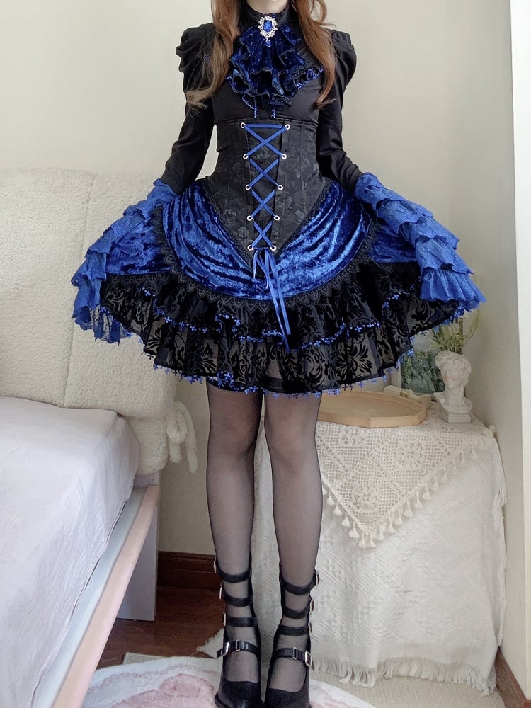 Skirt Blue Super and Klein Waist High Gothic Boned Corset Lolita Black