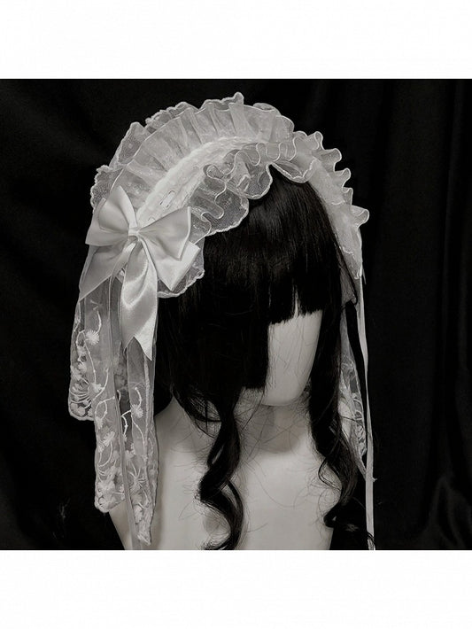 Dual-Tone Gothic Satin Bow Headband with Long Lace Trim - Dokisuru