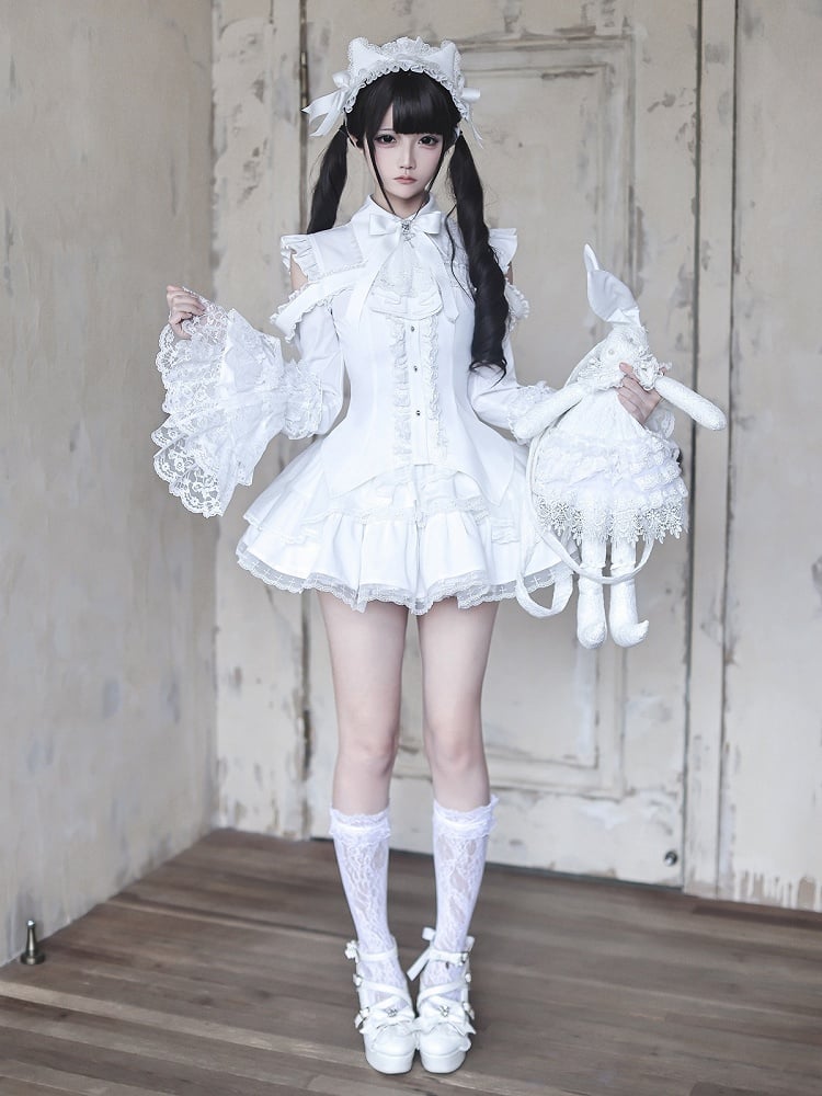 White Gothic Landmine Skirt with Multi-Layer Lace Trim Detailing - Ekomi